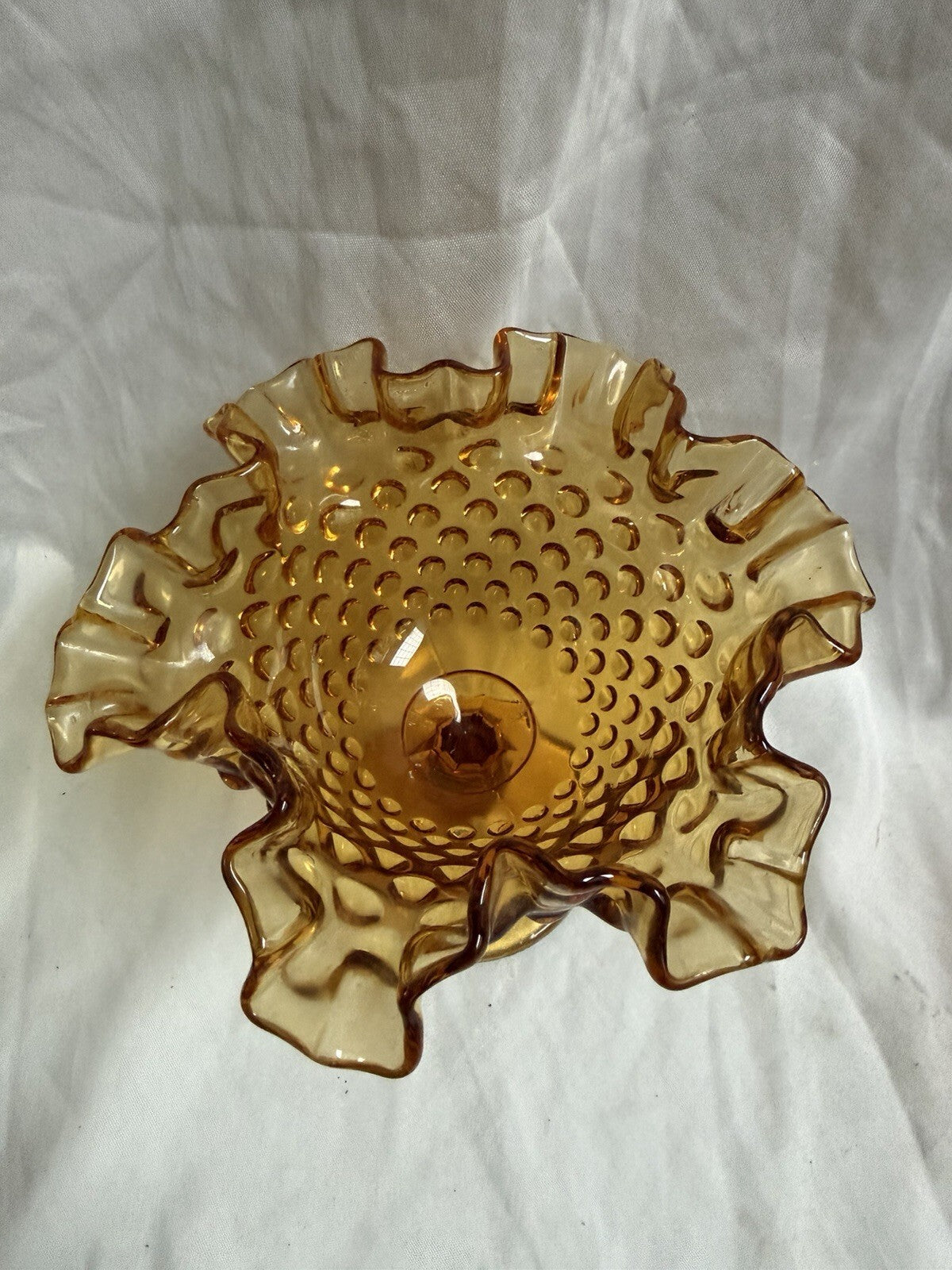 Fenton Amber Hobnail Glass Compote – Vintage Pedestal Candy Dish - Ruffled Rim