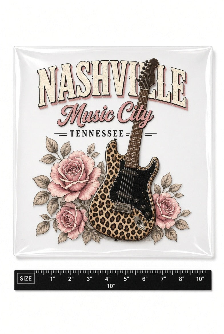 4Pcs 10" Nashville Music City Leopard Guitar Rose DTF Heat Press
