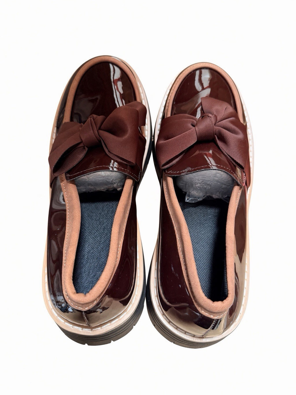 Brown Patent Bow Loafers Women Chunky Platform Lug Sole Shoes EU 41