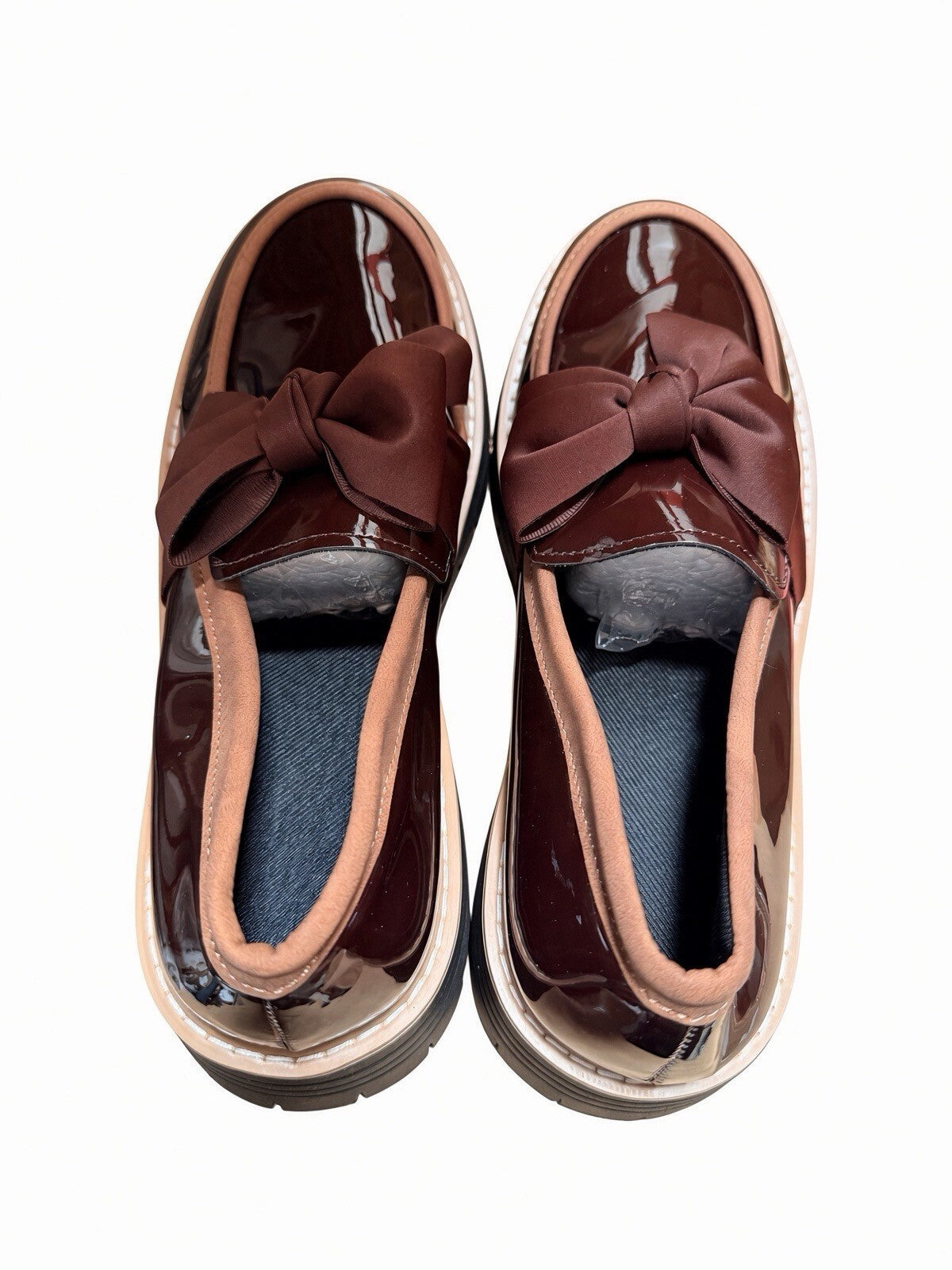 Brown Patent Bow Loafers Women Chunky Platform Lug Sole Shoes EU 41