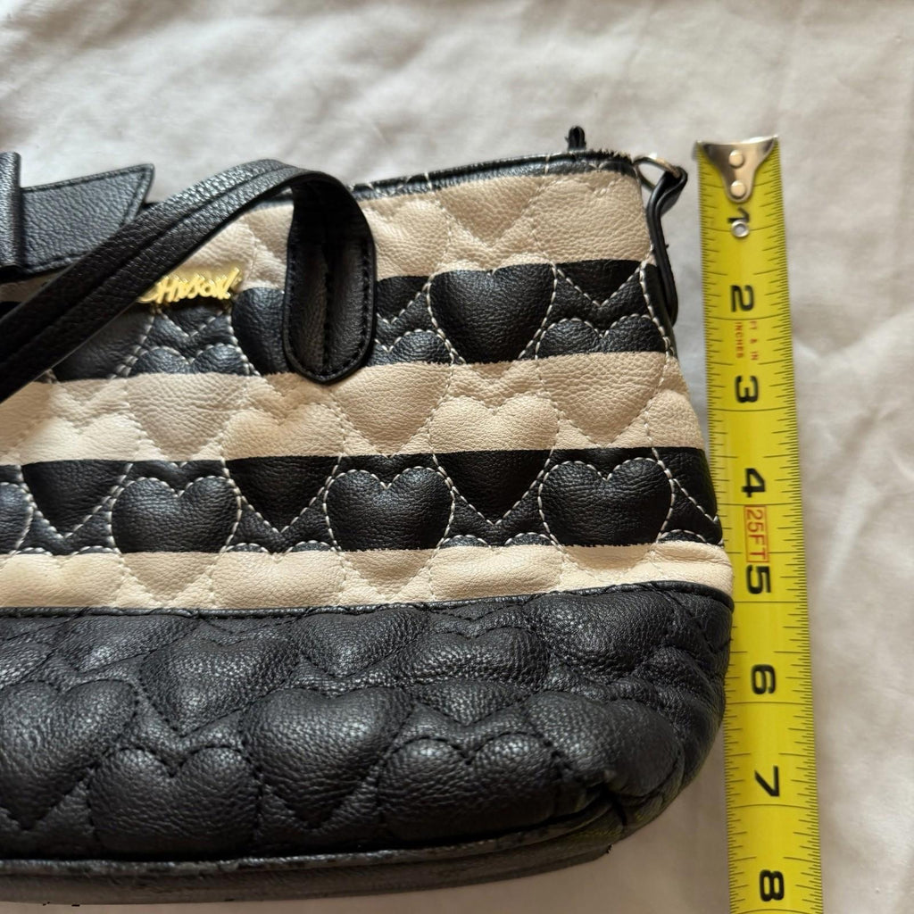 Betsey Johnson Quilted Heart Tote Black Beige Striped Bow Charm Gold Hardware