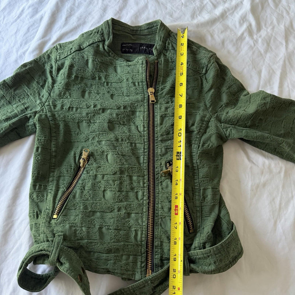 Zara Basic Women’s Green Jacquard Quilted Bomber Jacket Size S Belted Zip