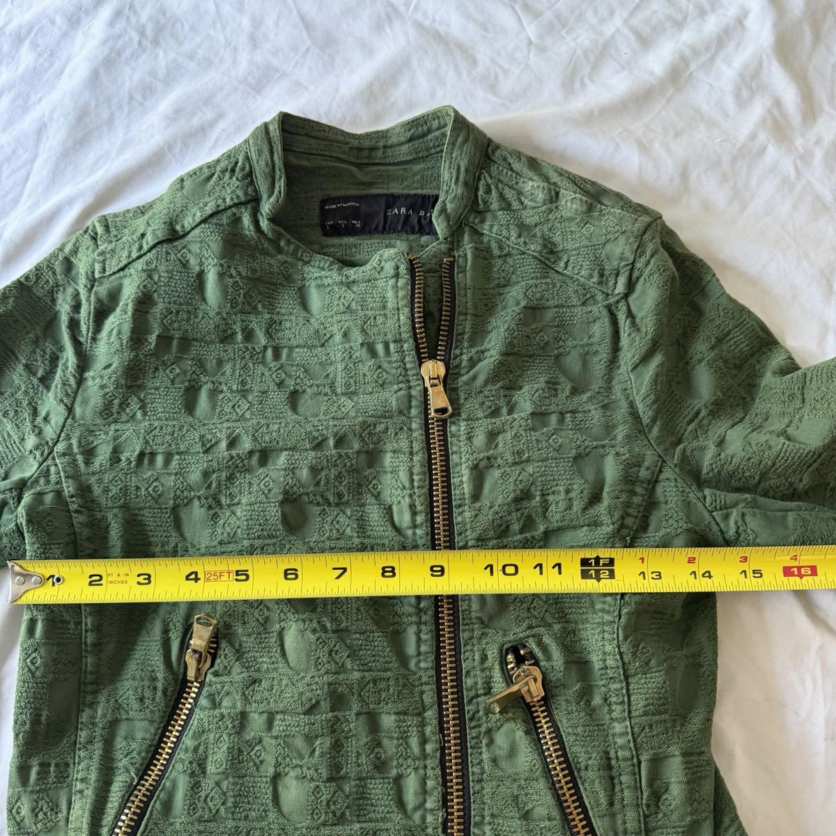 Zara Basic Women’s Green Jacquard Quilted Bomber Jacket Size S Belted Zip