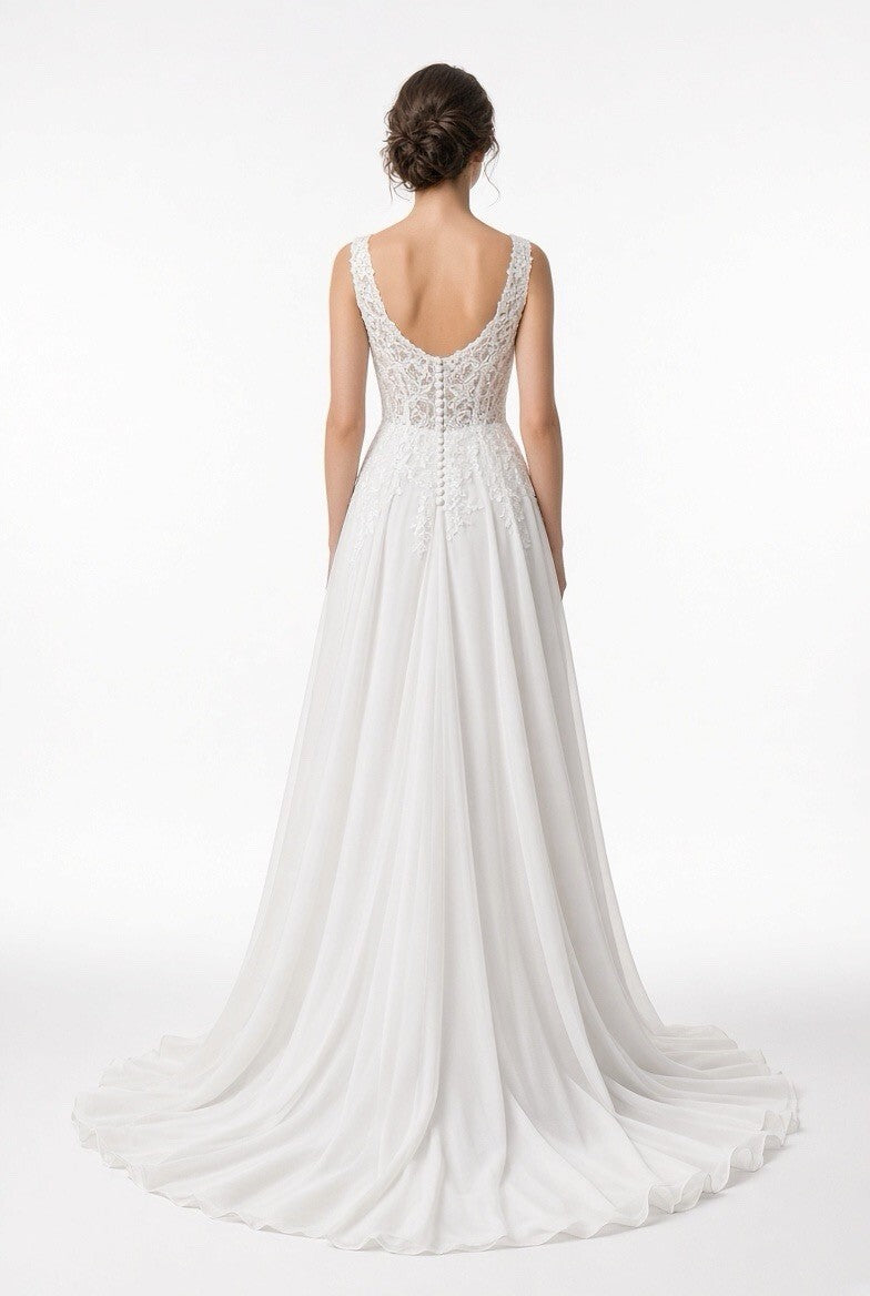 White Lace Chiffon Wedding Dress Size 2 Bridal Gown Button Back Long Train