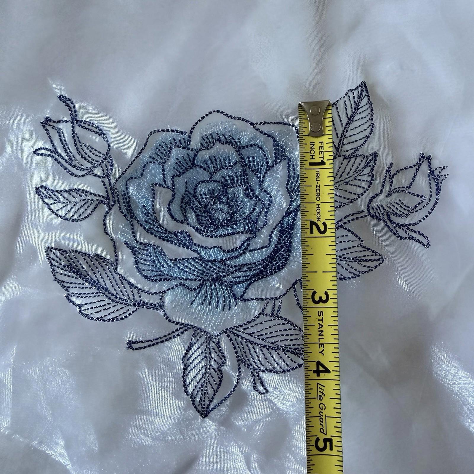 Vintage Blue Rose Embroidered Sheer Patch Navy Floral Cottage Decor