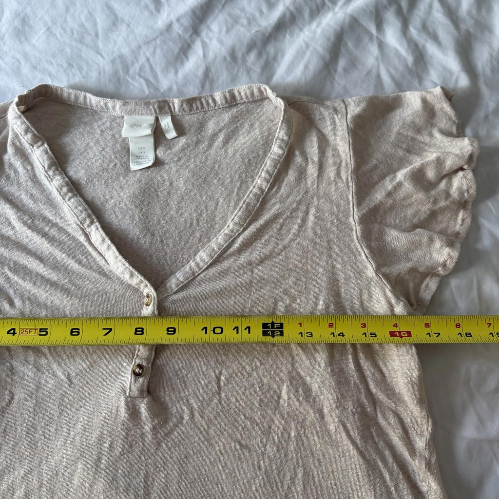 H&M 100% Linen Beige Flutter Sleeve Henley Top Size S V-Neck