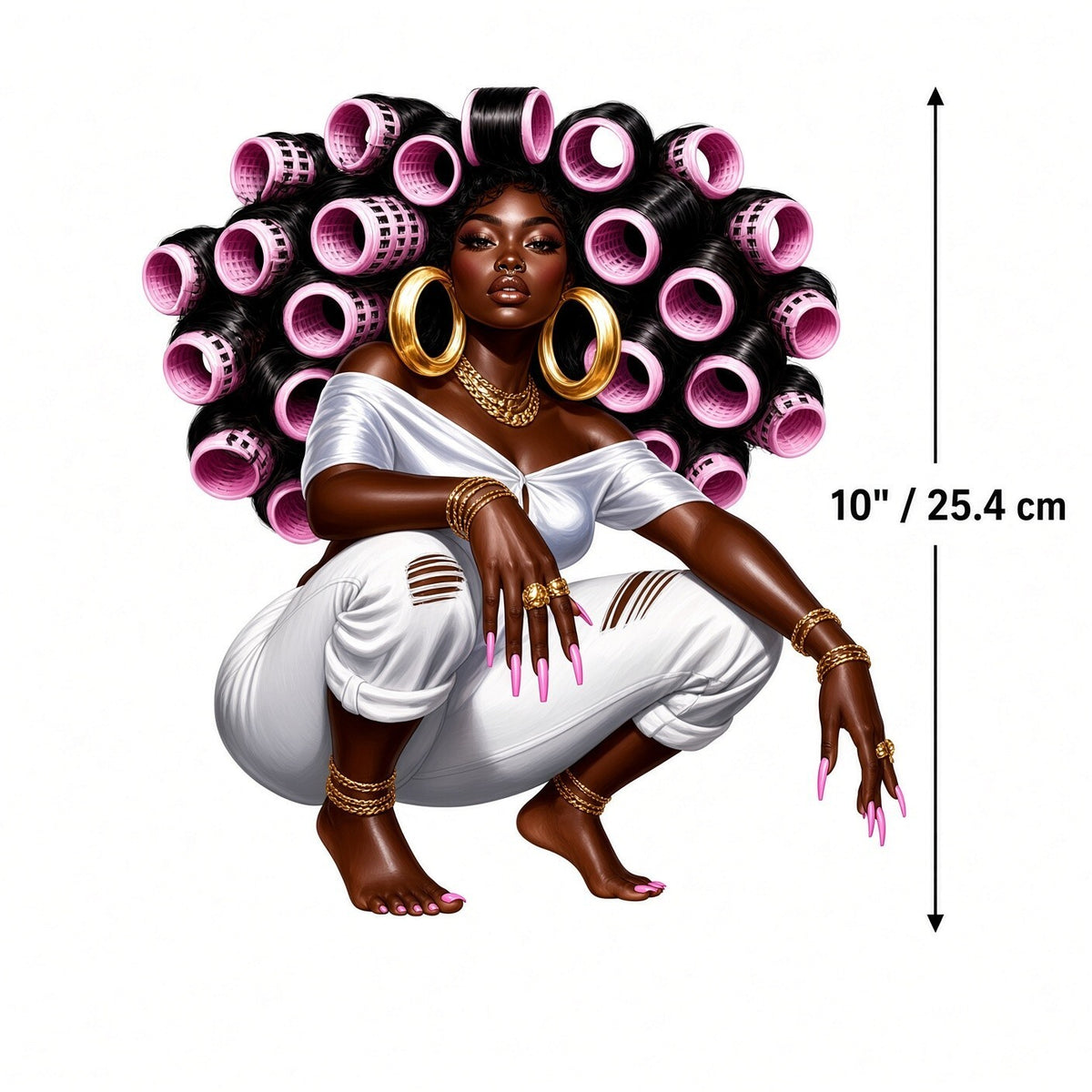 Pink Hair Rollers DTF Transfer 10" Pk4 Afro Woman Gold Hoops Heat Press