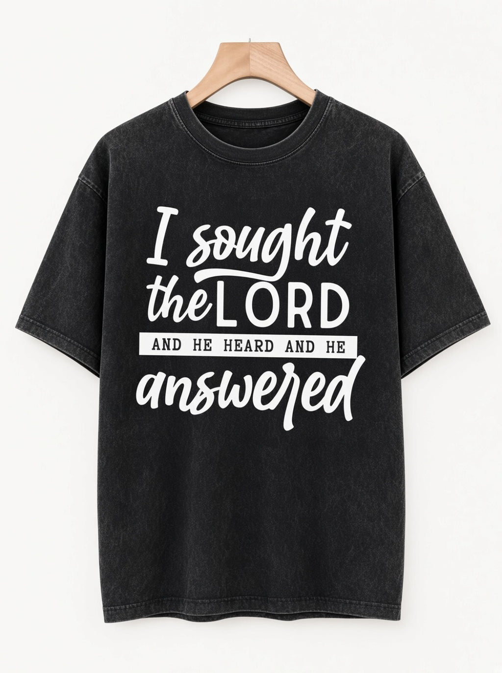 I Sought The Lord Christian T-Shirt Acid Wash Black Faith Graphic Tee