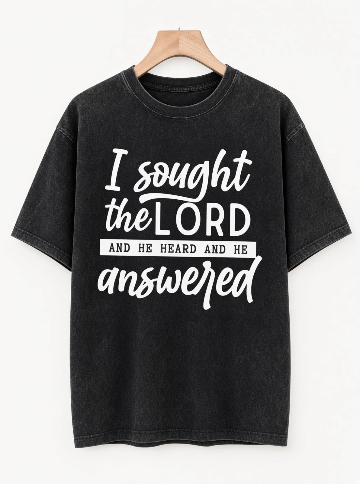 I Sought The Lord Christian T-Shirt Acid Wash Black Faith Graphic Tee