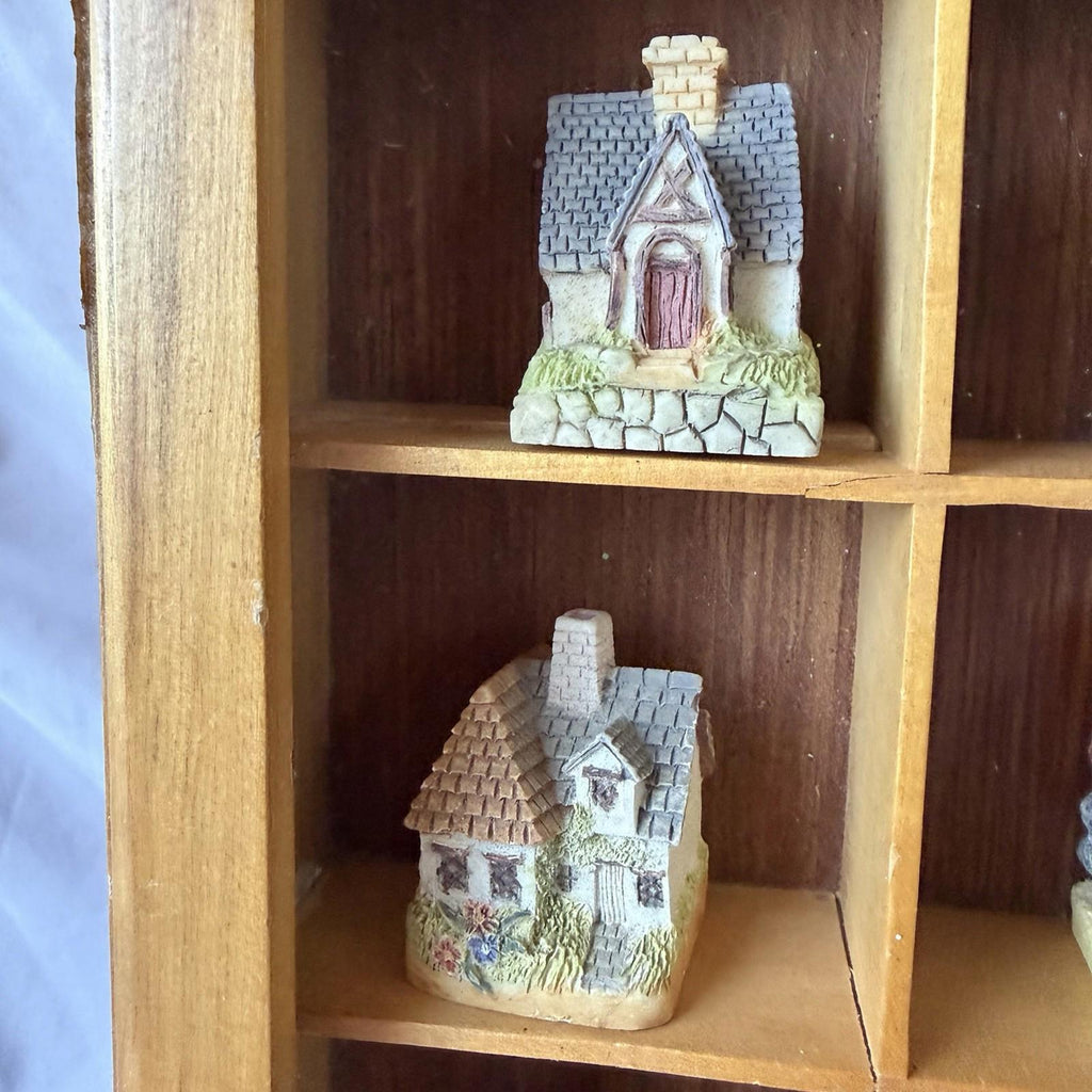 Vintage Miniature Cottage Houses Set w/ Wood Display Shelf 20 Pc