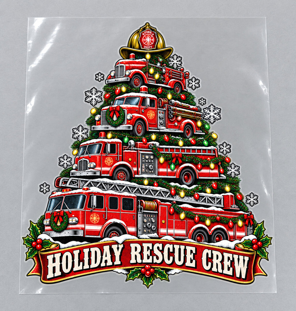 4 Pack Christmas Fire Truck DTF Heat Transfers Rescue Crew 10 Inch