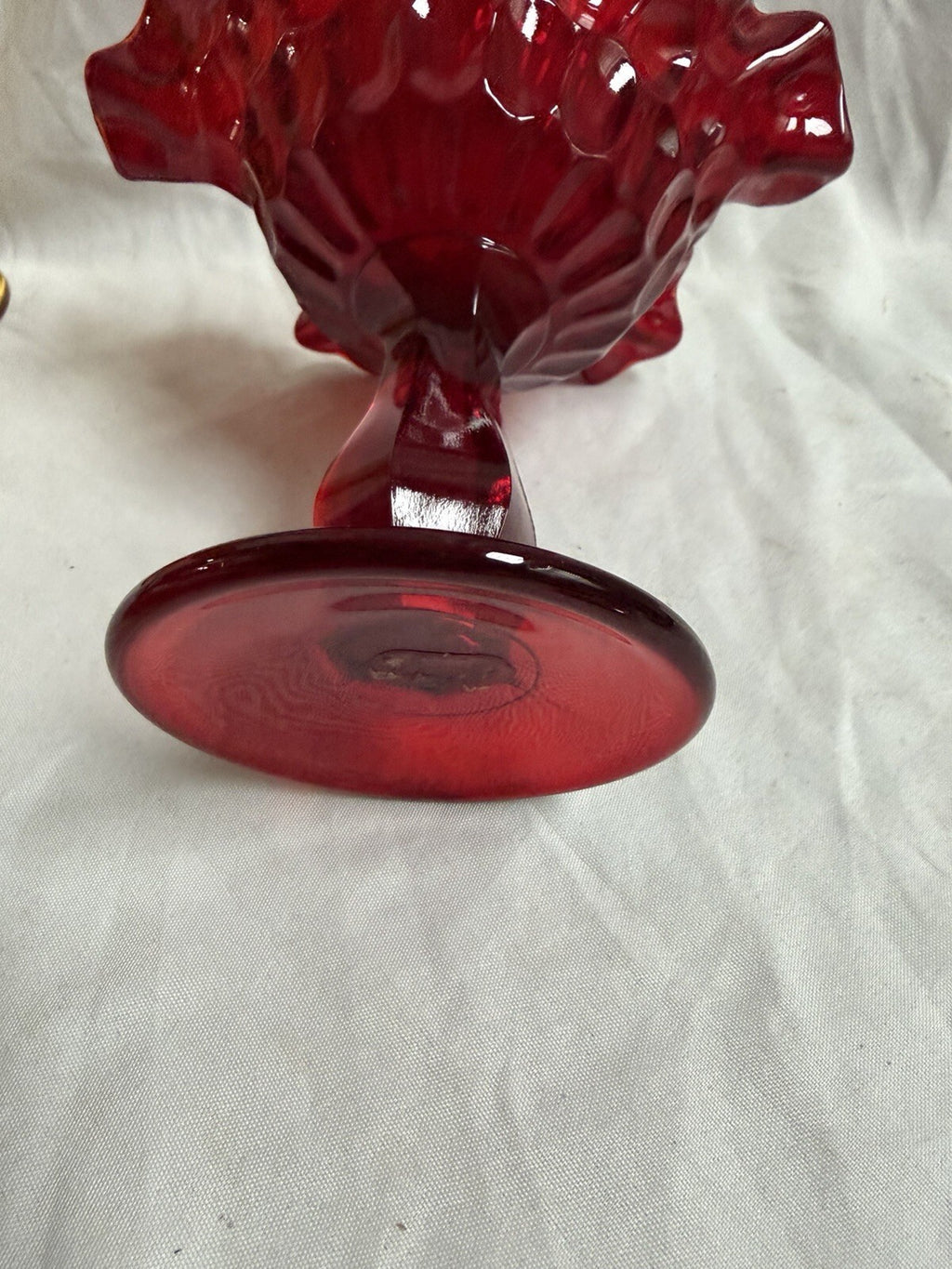 Vintage Ruby Red Hobnail Ruffled Compote Pedestal Candy Dish 6” Tall Glass