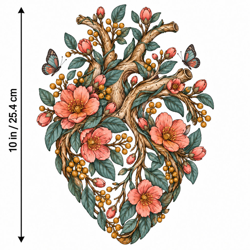 4PCS DTF Transfer Floral Anatomical Heart Flowers Butterflies 10in Iron On