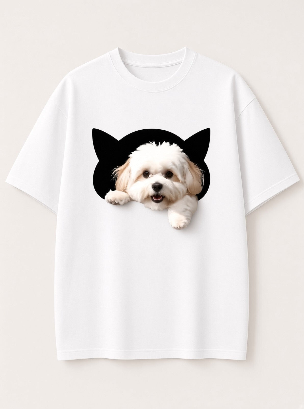 Cute Dog Peeking Out Cat Hole T-Shirt – Black, White & Royal Blue