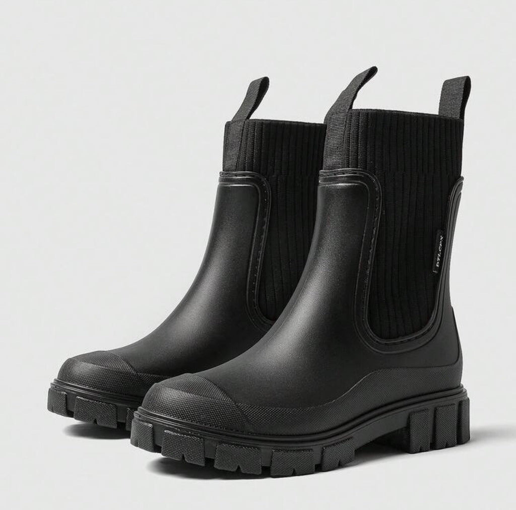 Black Rain Boots Women Chelsea Sock Knit Waterproof Chunky Sole US 8 EU 39
