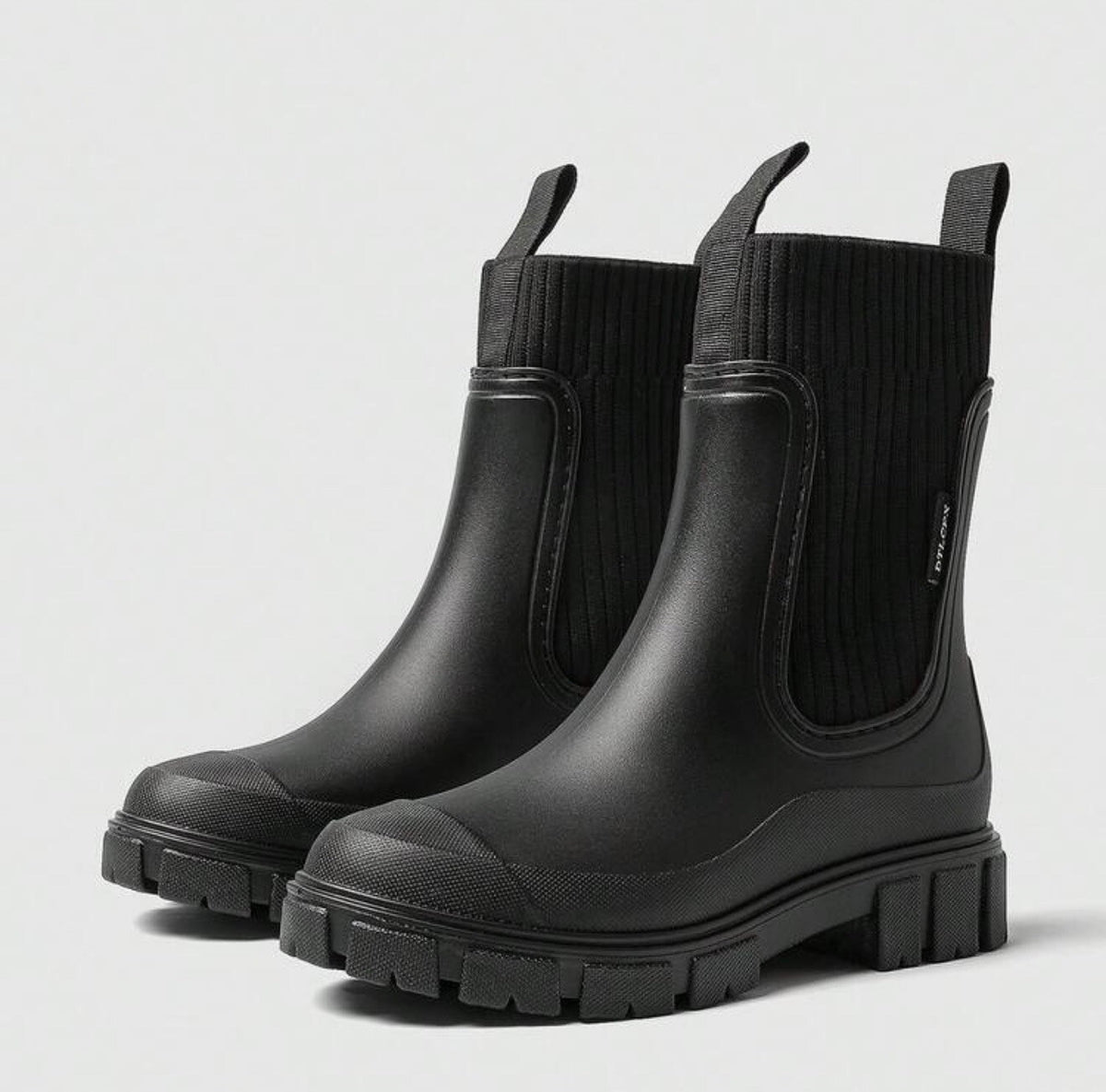 Black Rain Boots Women Chelsea Sock Knit Waterproof Chunky Sole US 8 EU 39