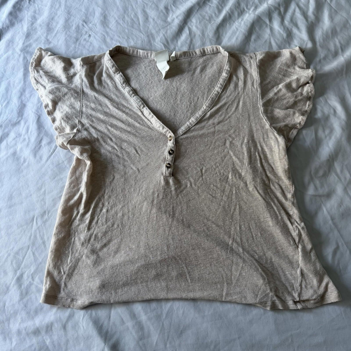 H&M 100% Linen Beige Flutter Sleeve Henley Top Size S V-Neck
