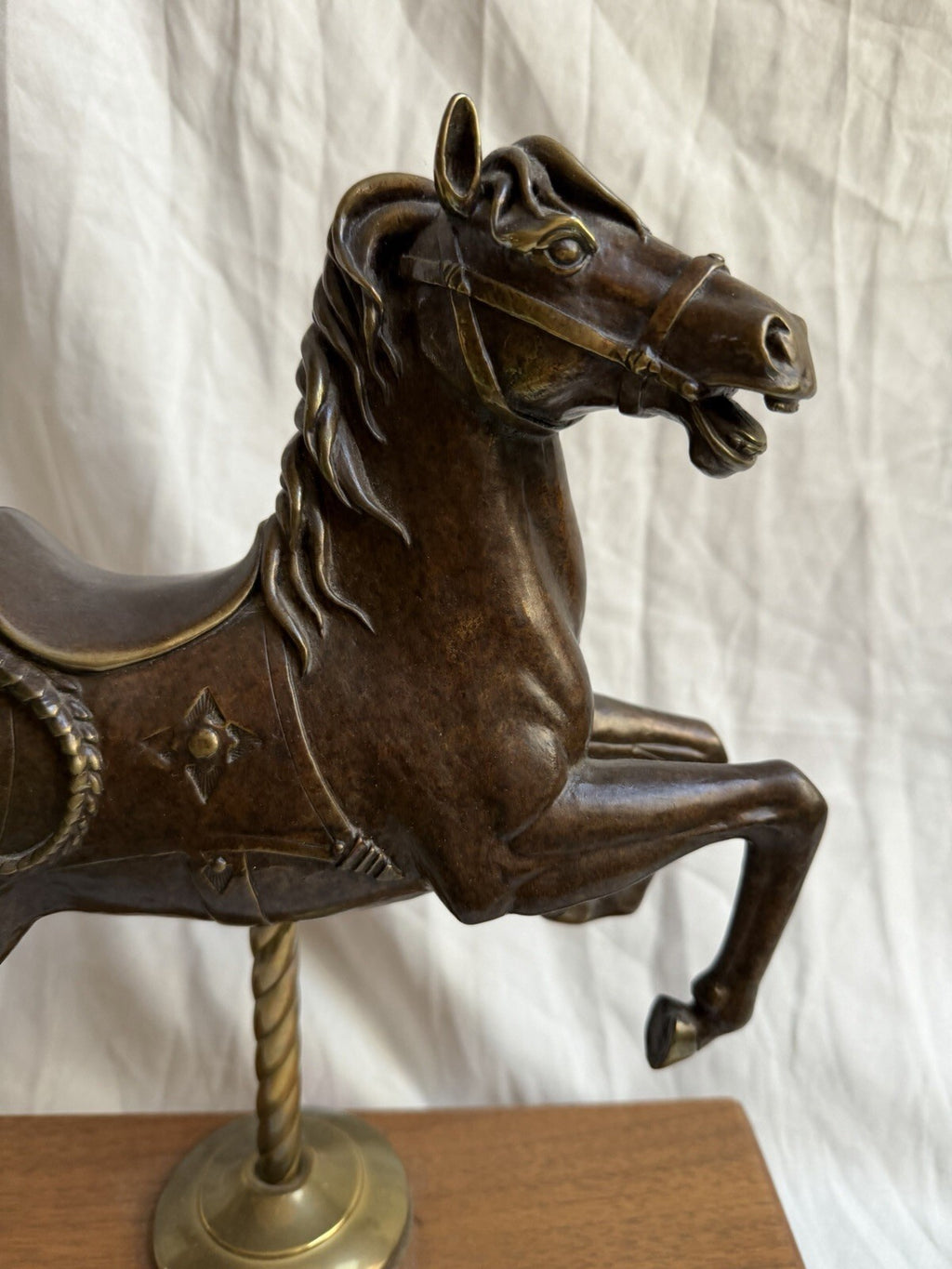 Vintage Bronze Carousel Horse Statue on Wood Base 12” Dragon Detail Brass Pole