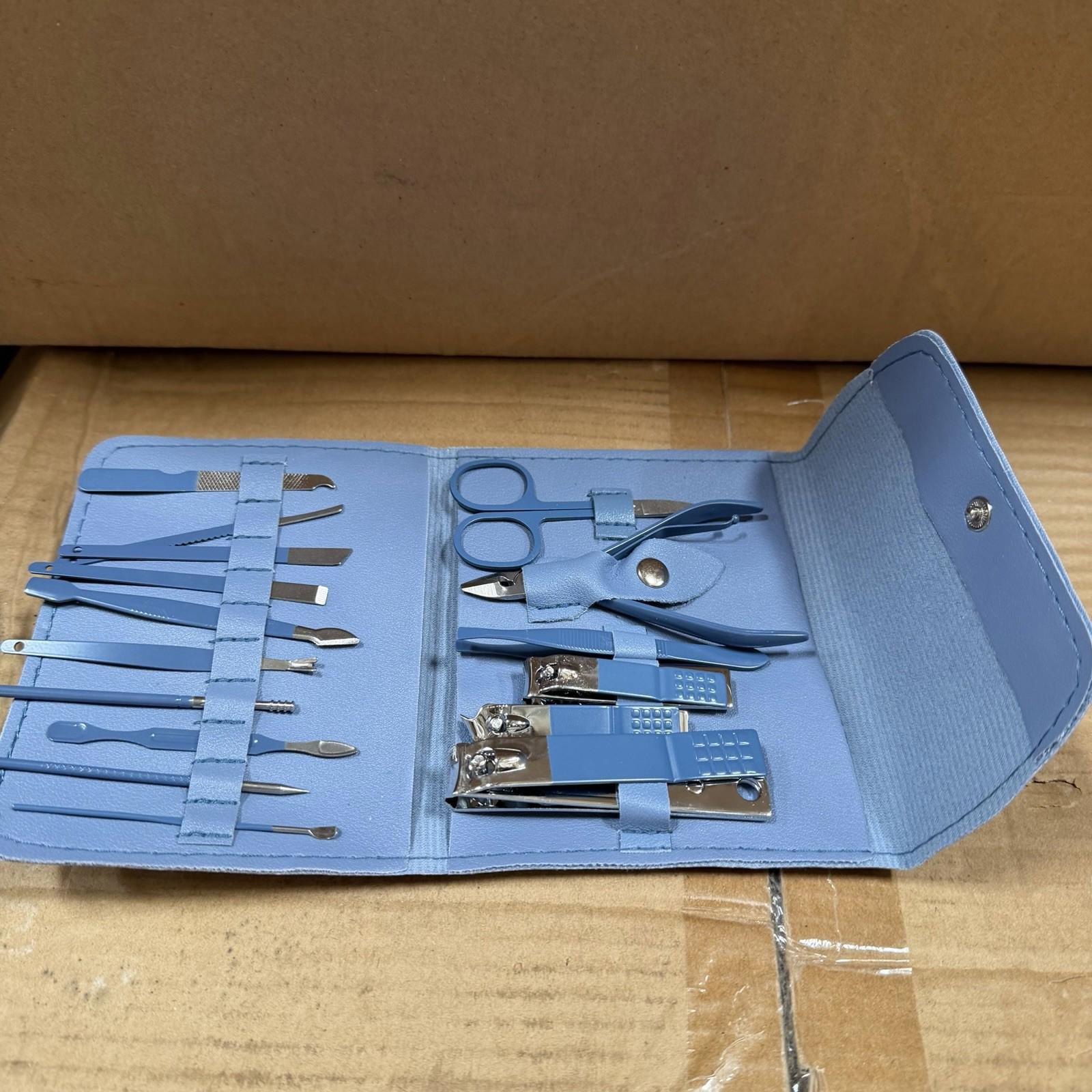 16-Piece Manicure Pedicure Set Blue Leather Case Nail Clippers Grooming Kit