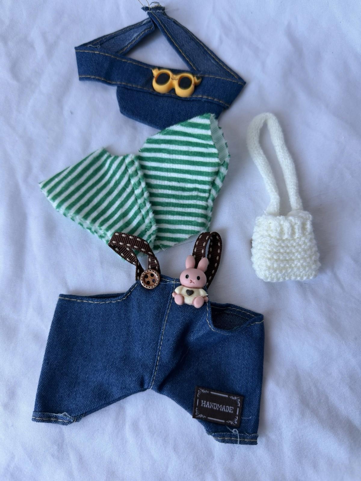 Labubu Style Doll Outfit Denim Overalls Green Stripe Shirt Hat Bag Clothes