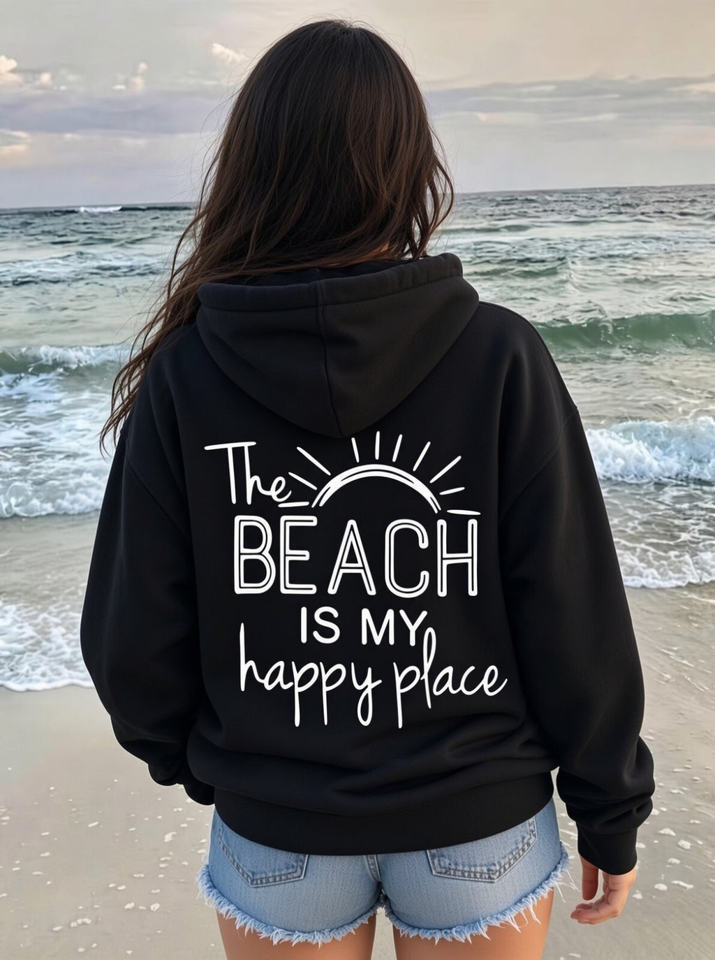 The Beach Is My Happy Place Hoodie Black Beach Graphic Sweatshirt Women