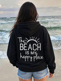 The Beach Is My Happy Place Hoodie Black Beach Graphic Sweatshirt Women