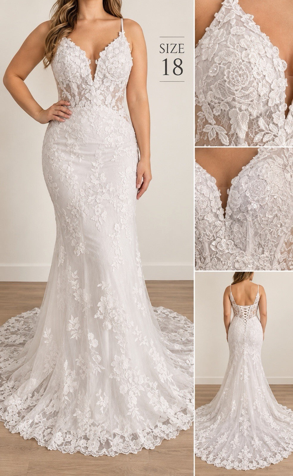 Size 18 White Lace Mermaid Wedding Dress Bridal Gown Corset Back Long Train