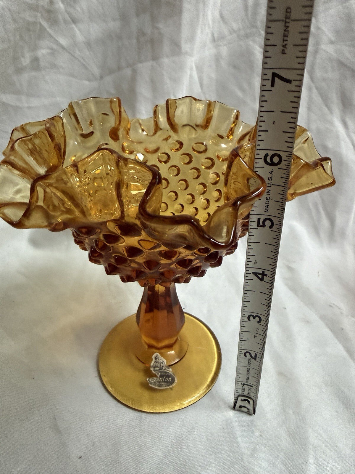 Fenton Amber Hobnail Glass Compote – Vintage Pedestal Candy Dish - Ruffled Rim