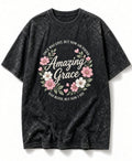 Acid Wash Black Tee Amazing Grace Floral Once Was Lost Now Am Found Shirt