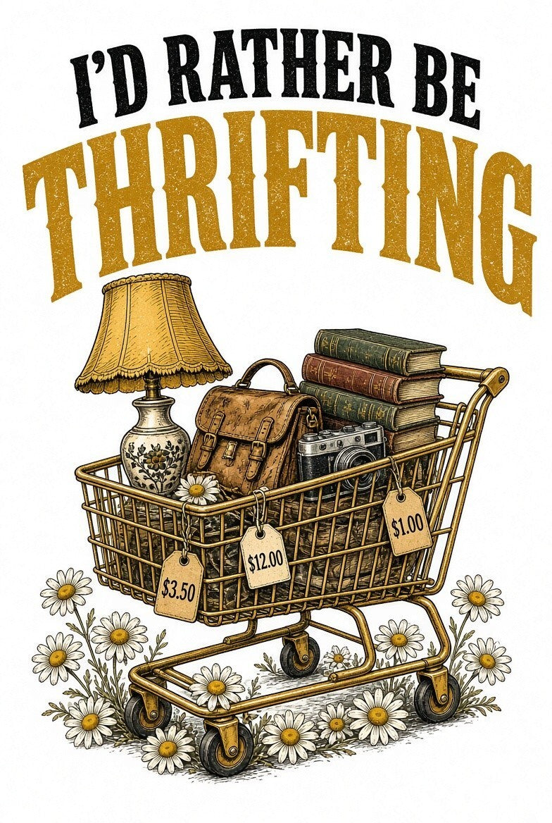 4pc 10" I'd Rather Be Thrifting Vintage Shopping Cart DTF Transfer Ready Press