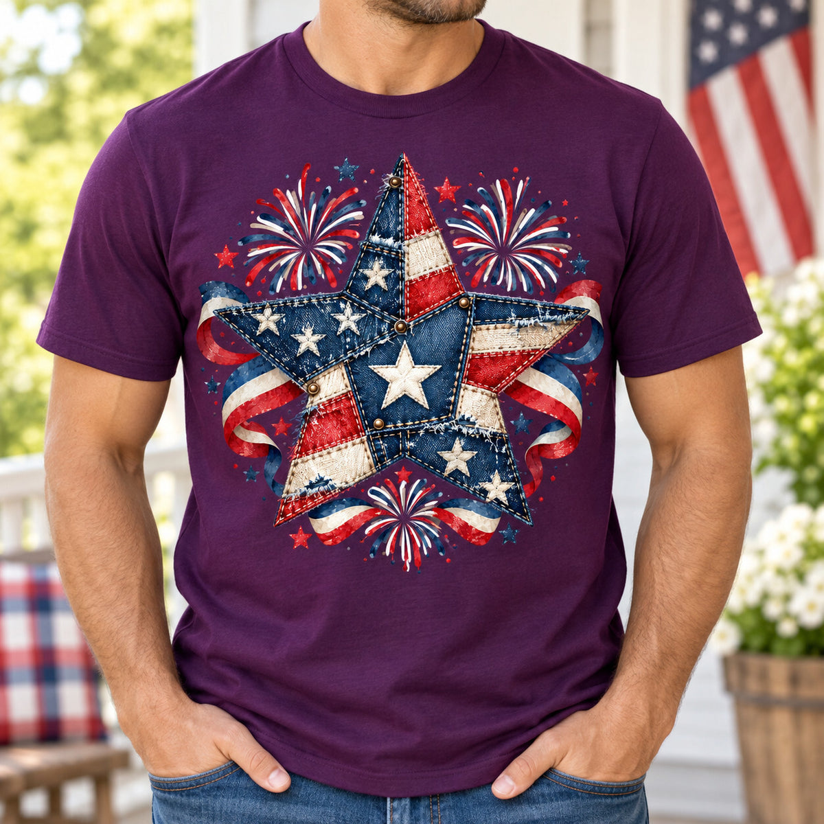 4pcs 10" Patriotic Denim Star DTF PNG Fireworks Flag Iron On Transfer