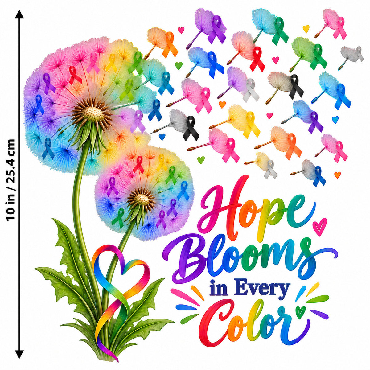 4PCS DTF Transfer Hope Blooms Every Color Dandelion Ribbon 10in Iron On