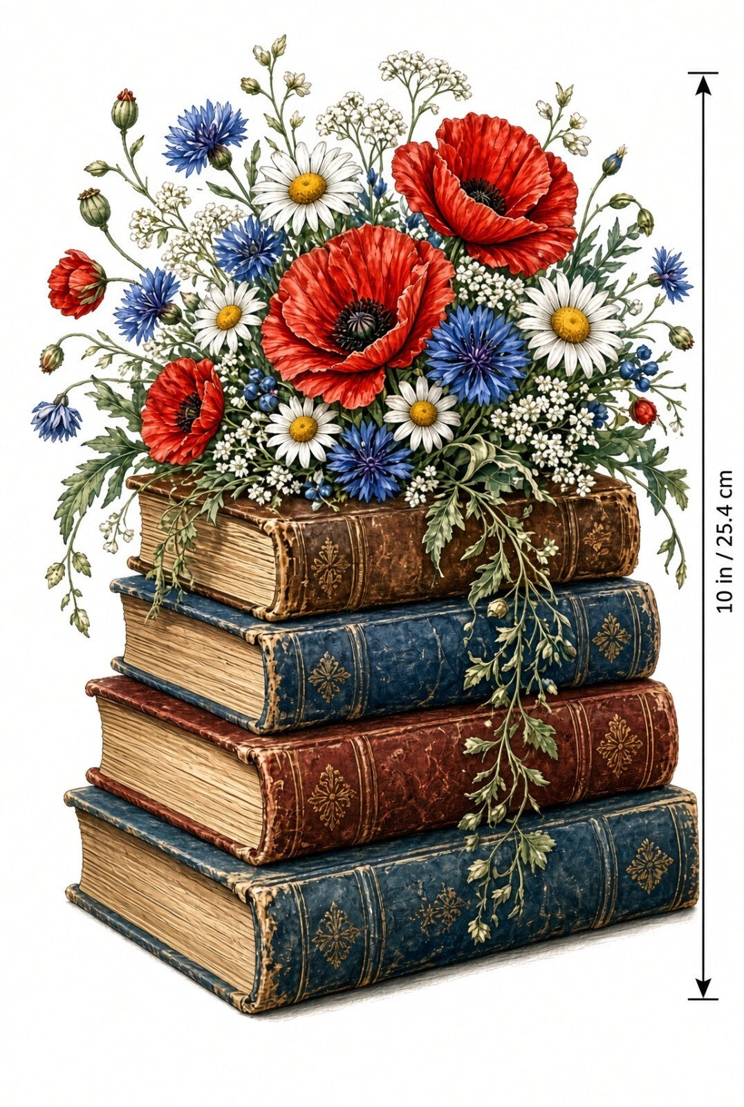 4pcs 10in Floral Antique Book Stack Poppy DTF Transfer
