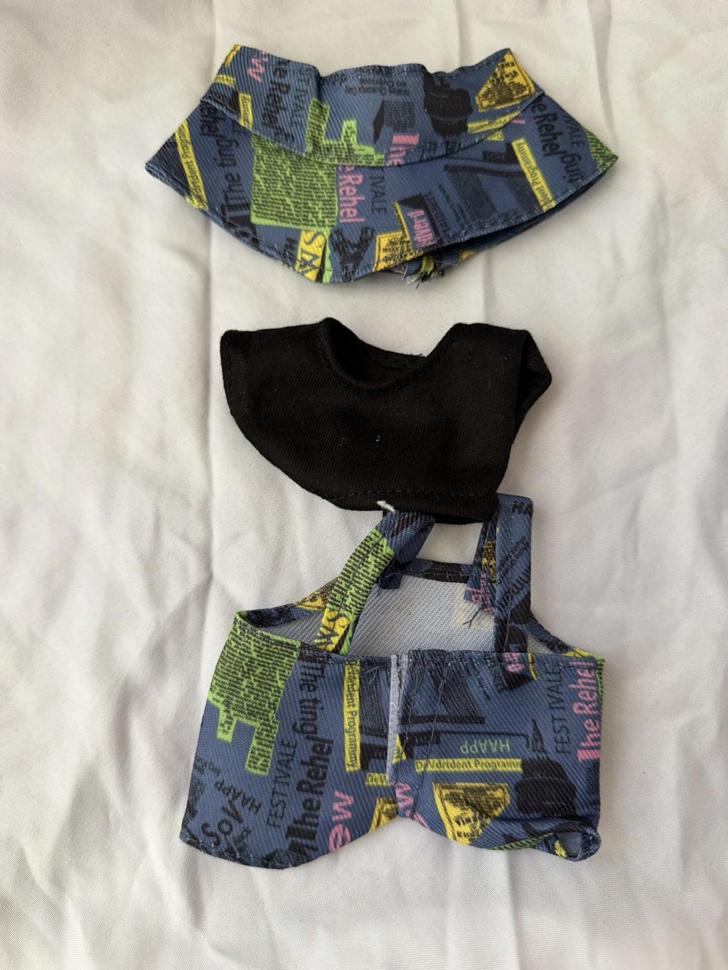 Labubu Doll Outfit Set Bucket Hat Black Shirt Denim Overalls Street Style