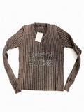 Sixth Dimension Earth Sucks Ribbed Long Sleeve Shirt Brown Gray Y2K Streetwear