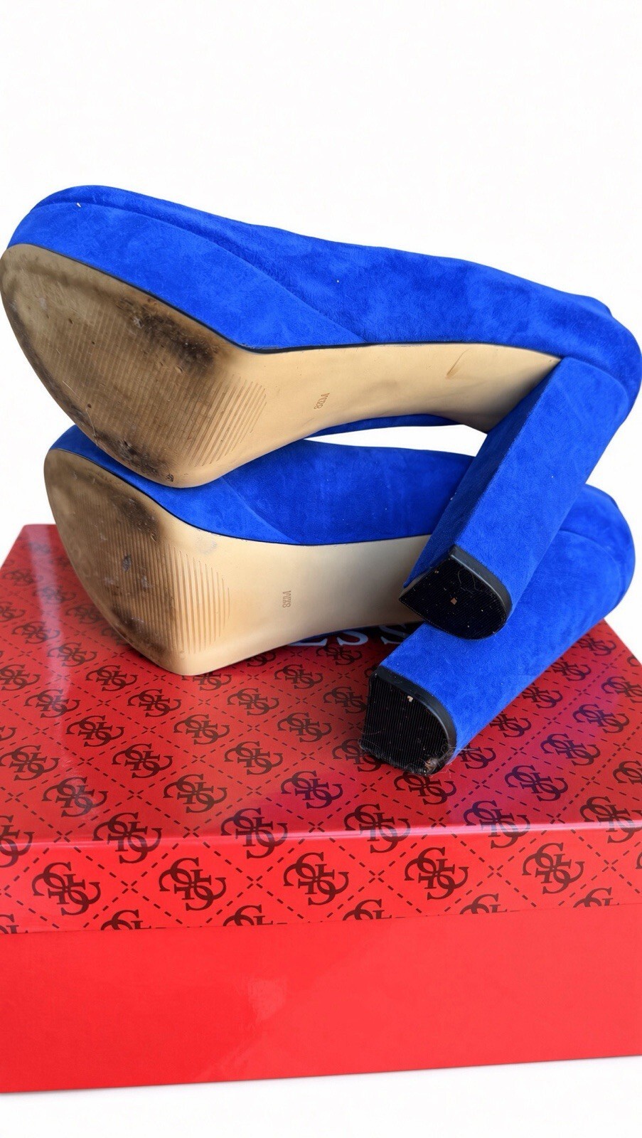 GUESS Padey Women 8.5M Blue Suede Platform Pumps Block High Heels w/ Box