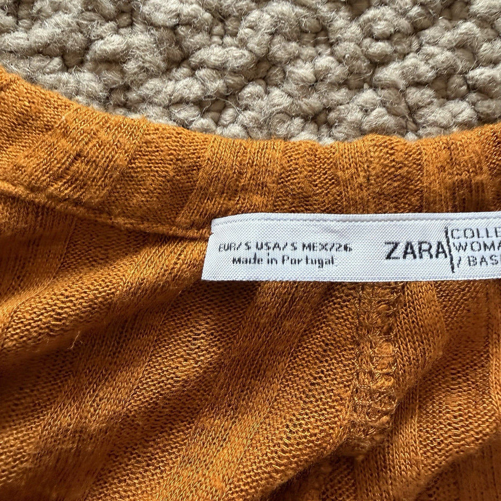 Zara Woman Mustard Yellow Ribbed Midi Dress Handkerchief Hem Boho V Neck Size S