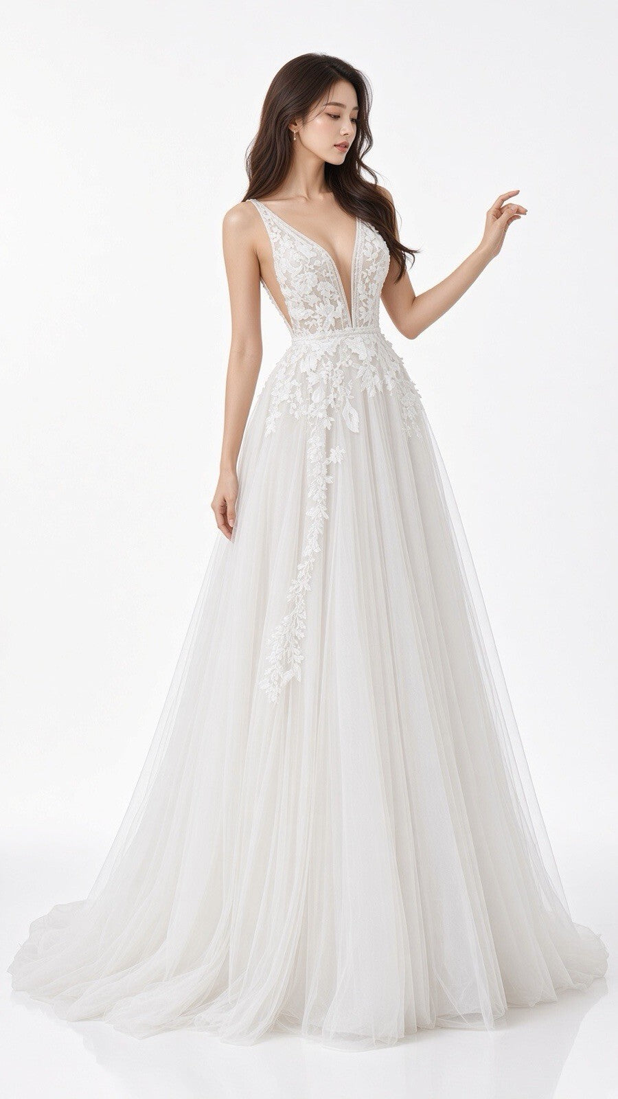 Muse-bridals Wedding Dress Size 8 White Lace Tulle A-Line V-Neck Bridal Grown