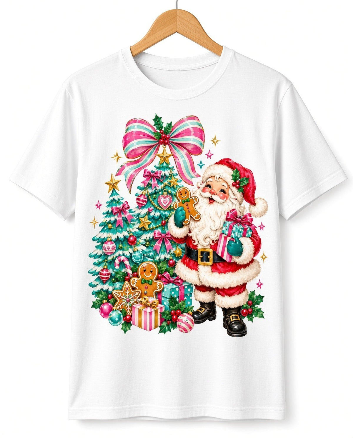 Vintage Pink Santa Gingerbread Christmas DTF Transfer Ready to Press