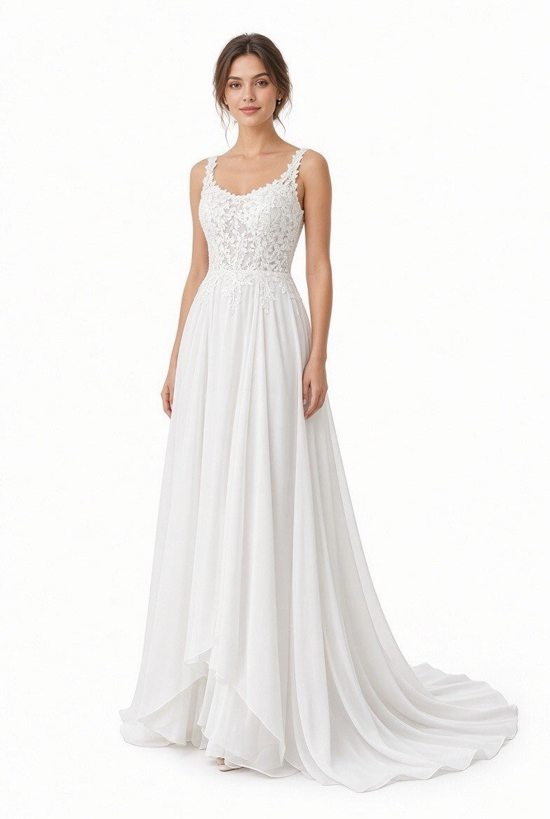 White Lace Chiffon Wedding Dress Size 2 Bridal Gown Button Back Long Train