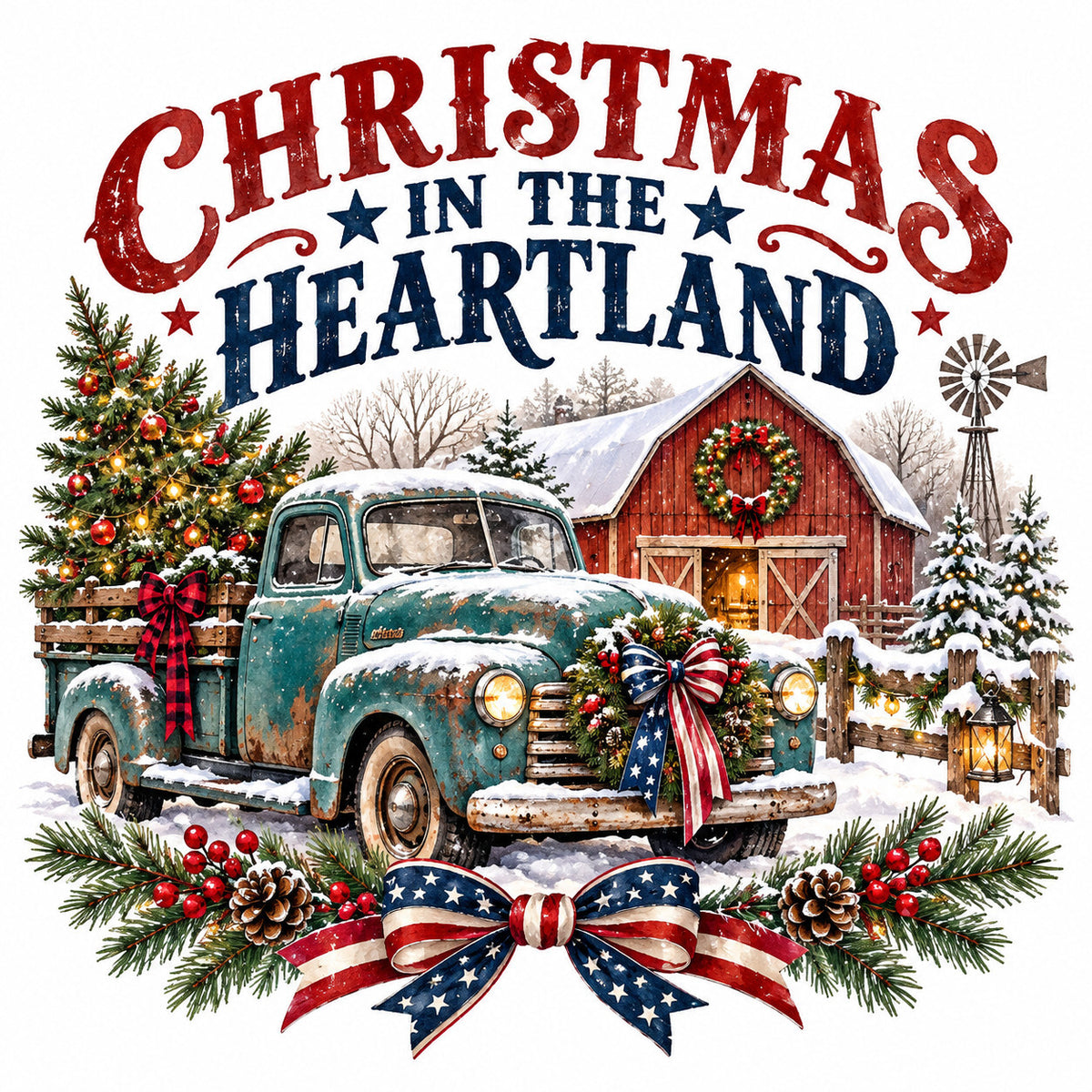 Christmas in the Heartland Truck Barn DTF Transfer Ready to Press Print