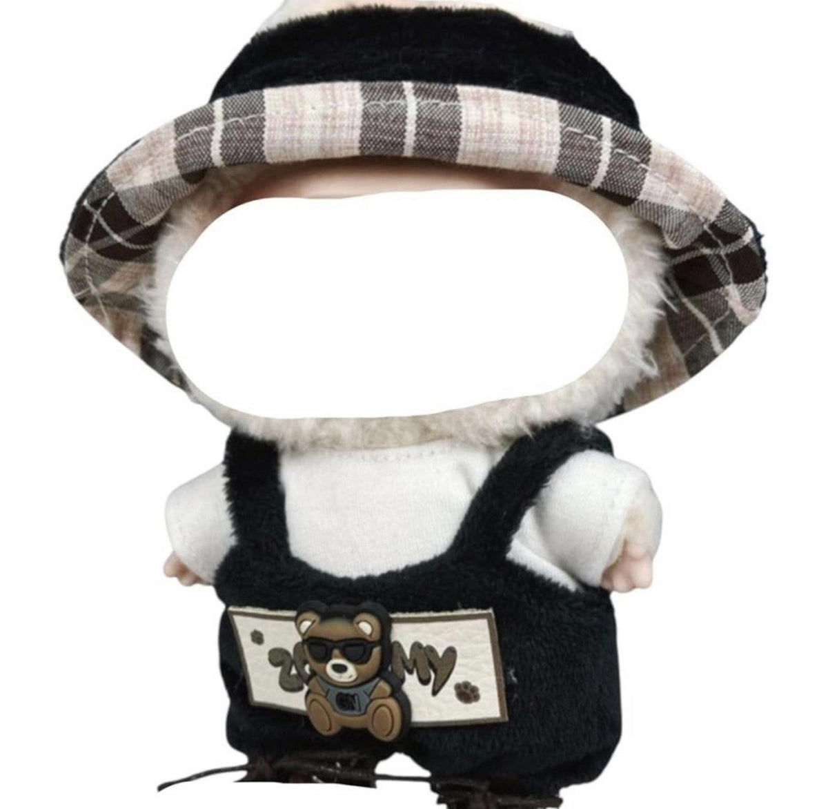 Labubu Style Doll Outfit Black Bear Overalls Hat Shirt Plush Figure Clothes