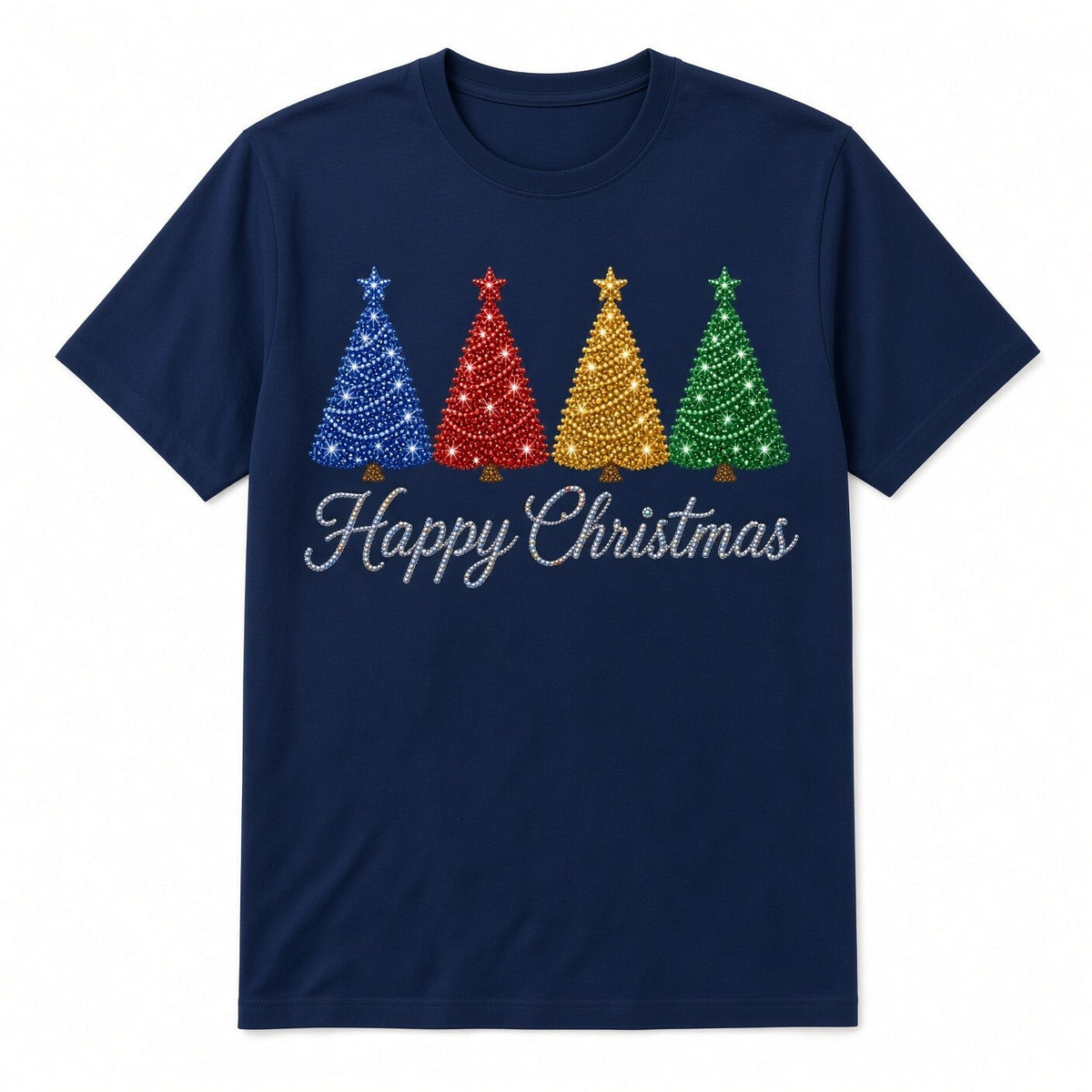 Happy Christmas Color Trees Blue Red Gold Green DTF Transfer 10" PK4