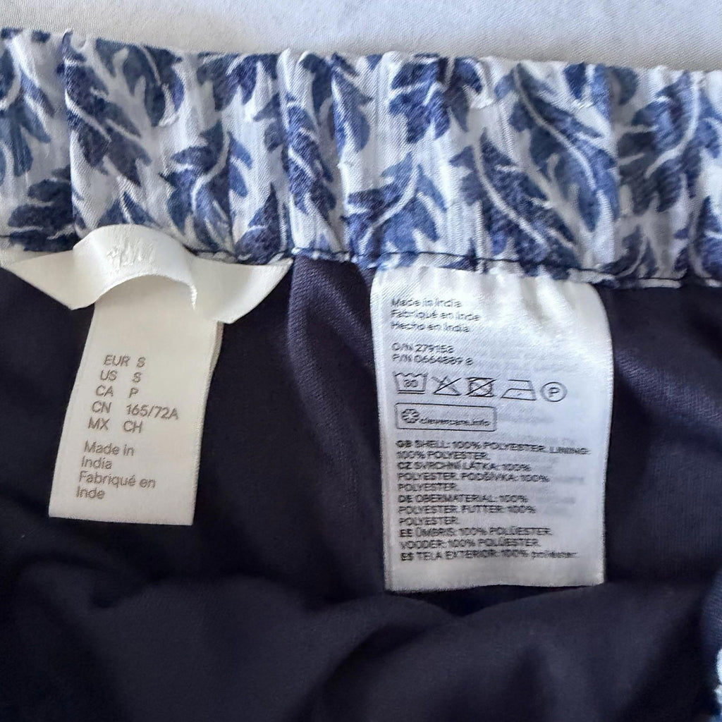H&M Blue White Leaf Print Tiered Ruffle Maxi Skirt Size S Boho Poly