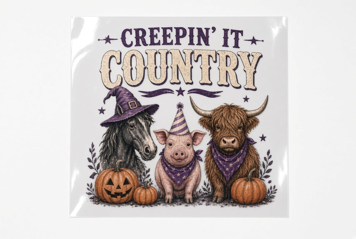 Creepin It Country DTF Transfer 4 Pack 10 Inch Halloween Farm Animals Ready Pres