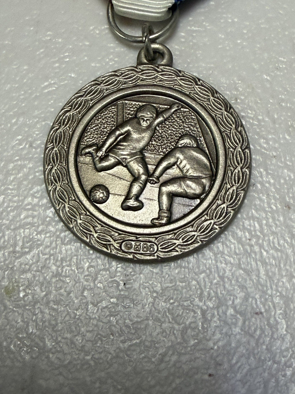 Vintage Soccer Award Medal Silver Tone Red White Blue Ribbon Sports Trophy Medal