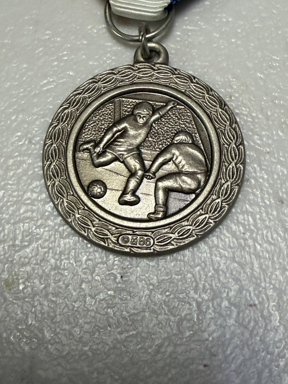 Vintage Soccer Award Medal Silver Tone Red White Blue Ribbon Sports Trophy Medal