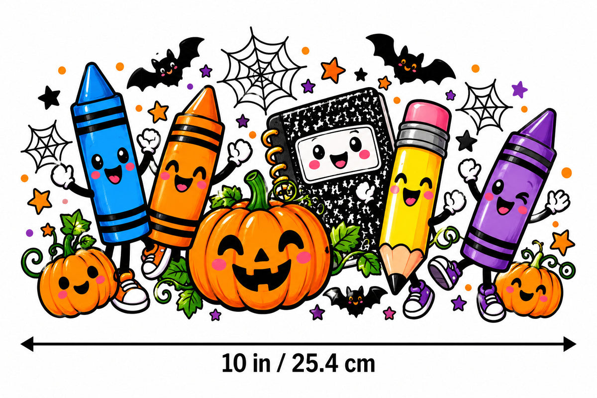 Halloween School Crayon DTF Transfer 10" Pk4 Pumpkin Pencil Teacher Heat Press