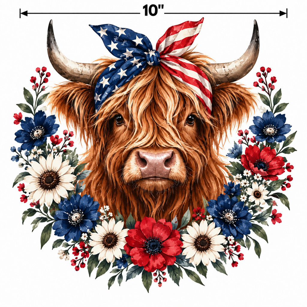 4pcs 10" Highland Cow Flag Bandana DTF PNG Patriotic Iron On Transfer