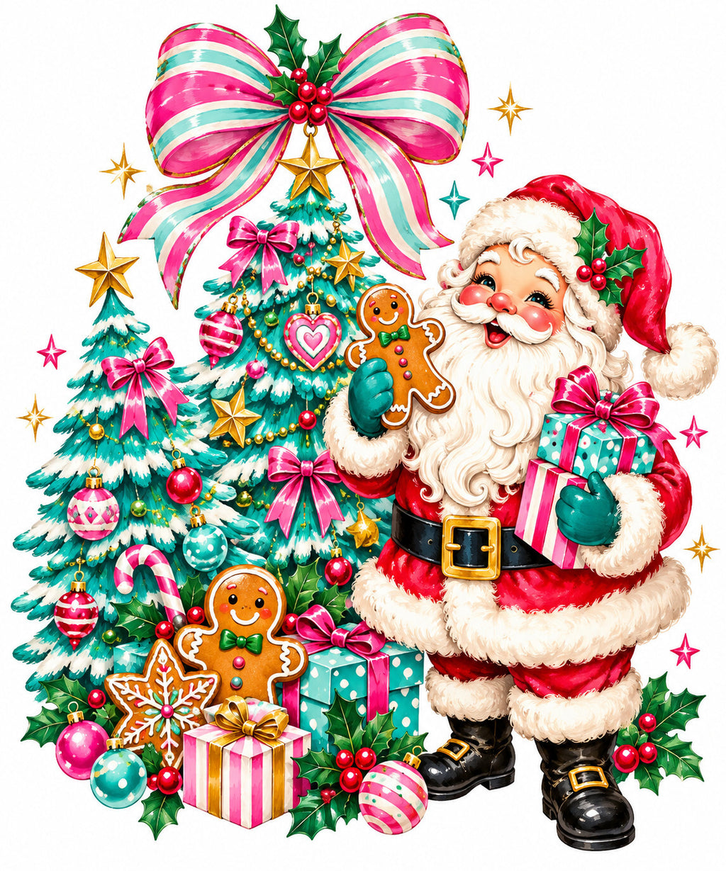 Vintage Pink Santa Gingerbread Christmas DTF Transfer Ready to Press